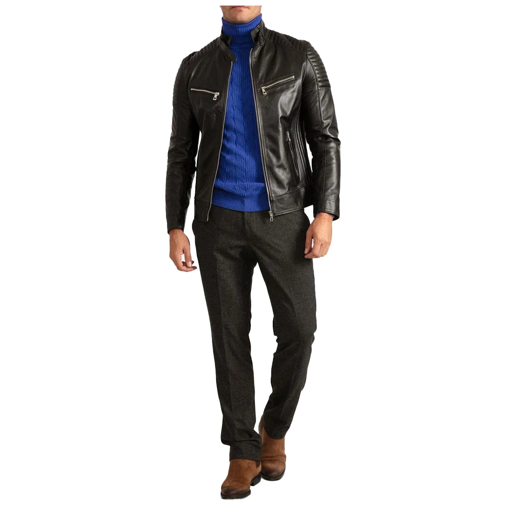 Mens Signature Black Leather Cafe Racer Motorcycle Jacket - Image 3