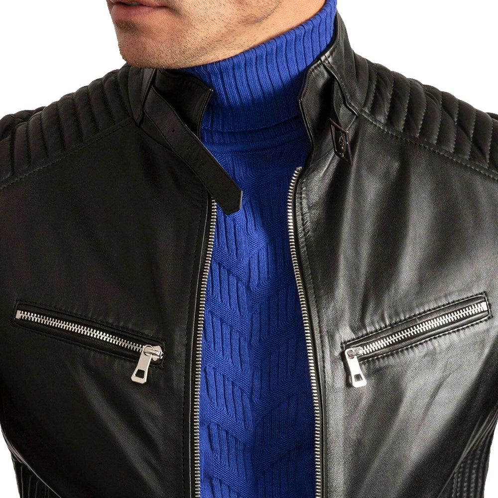 Mens Signature Black Leather Cafe Racer Motorcycle Jacket - Image 2
