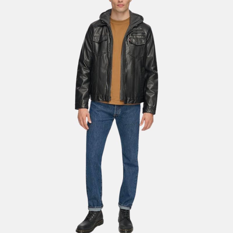 Black Hooded Leather Jacket Mens - Image 2