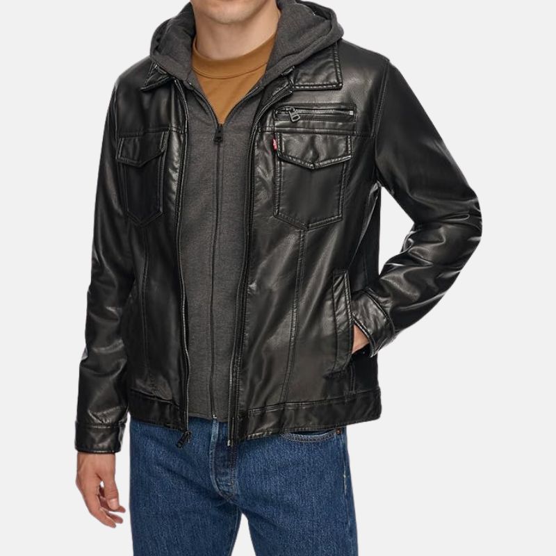 Black Hooded Leather Jacket Mens - Image 3