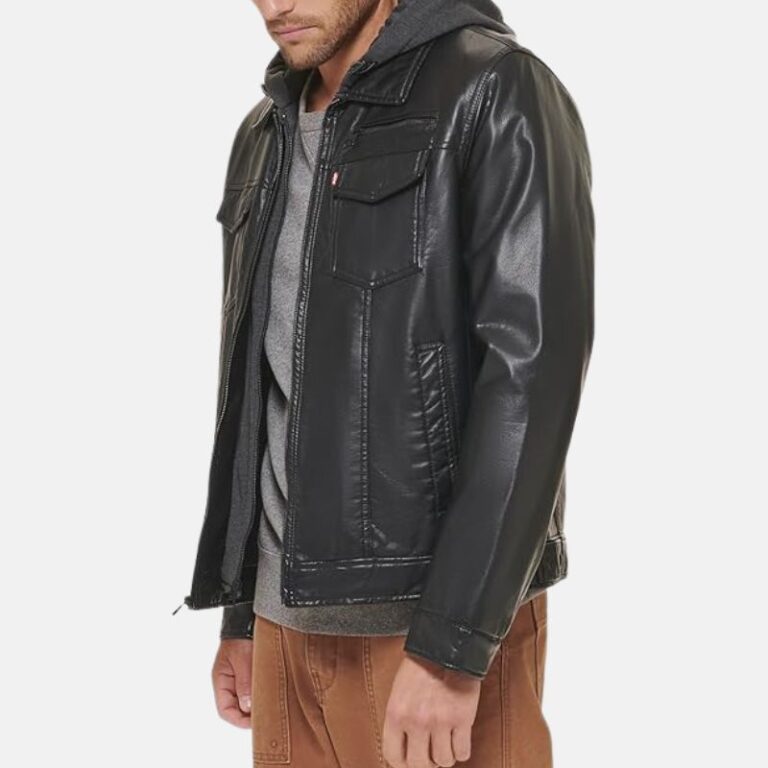 Black Hooded Leather Jacket Mens - Image 5