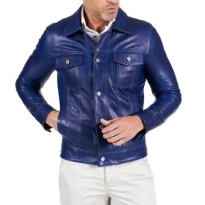 Real Lambskin Shirt Collar Blue Leather Jacket Mens